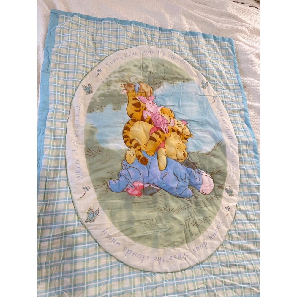 Disney Winnie the Pooh Baby Quilt Unisex Blue Green Blanket Reversible Vintage